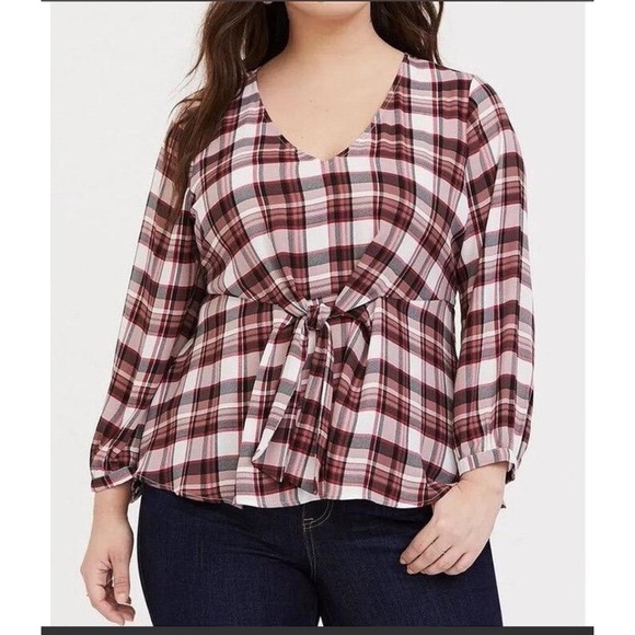 torrid Tops - Torrid Womens Plaid Tie Front Peplum Blouse Burgundy Black White Size 00 M L